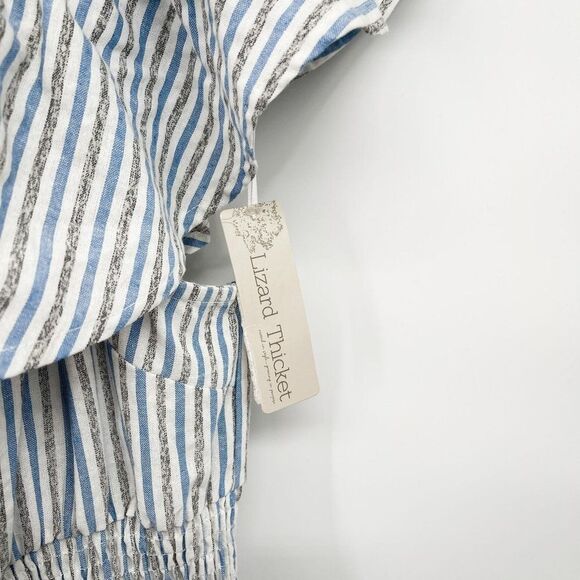 Lela Sky Striped Seersucker Cotton Linen Ruffle Plus Size Midi Dress - Picture 7 of 9